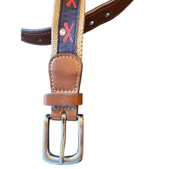 Boys Adjustable Tan & Brown Belt X8  Faux Leather Embroidered dbaseball Design - Picture 2 of 4